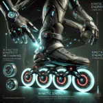 DALL·E 2025-01-04 18.22.39 – A futuristic concept design focusing on the foot and skate components of a high-tech suit. The image showcases glowing LED wheels, advanced kinetic en