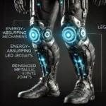 DALL·E 2025-01-04 18.22.50 – A futuristic concept design focusing on the knee and leg components of a high-tech suit. The image highlights energy-absorbing mechanisms, glowing LED