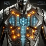 DALL·E 2025-01-04 18.22.59 – A futuristic concept design focusing on the chest and energy management system of a high-tech suit. The image highlights glowing LED circuits, integra