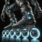 DALL·E 2025-01-04 18.23.02 – A futuristic concept design focusing on the advanced roller skate mechanism of a high-tech suit. The image highlights glowing LED wheels, intricate me